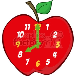 The clipart image depicts a whimsical representation of an apple that has been transformed into a clock. The apple is red, with a brown stem and a green leaf at the top. The face of the clock is on the apple's surface, with yellow numbers from 1 to 12 around it, and has two clock hands in green, indicating a specific time.