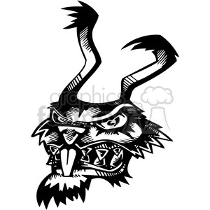 The clipart image depicts a highly stylized and aggressive-looking wild rabbit. This tattoo-like design features exaggerated characteristics with sharp teeth, menacing eyes, and large ears that portray an aggressive and mad demeanor. The image is created in a bold, black and white contrast that is vinyl-ready, meaning it can be easily used for vinyl decals or tattoos.