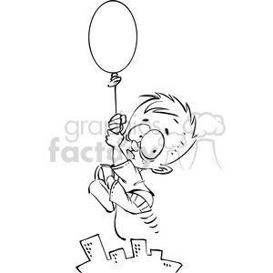 black and white little boy floating away on a balloon