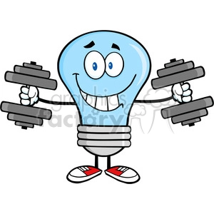 6020 Royalty Free Clip Art Smiling Blue Light Bulb Cartoon Character Training With Dumbbells