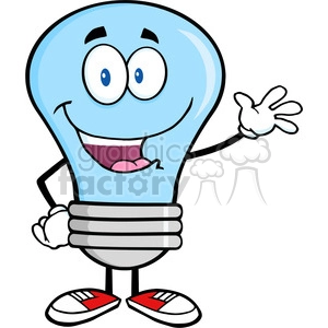 6010 Royalty Free Clip Art Blue Light Bulb Cartoon Mascot Character Waving For Greeting
