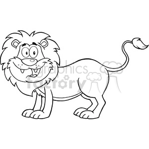 The image is a black and white line art illustration of a cartoon lion. It features a stylized, humorous lion with a large, expressive face, oversized mane, and a playful tail with a tuft at the end. The lion has a whimsical, surprised expression with wide eyes, a round nose, and visible teeth, adding to its comical look.