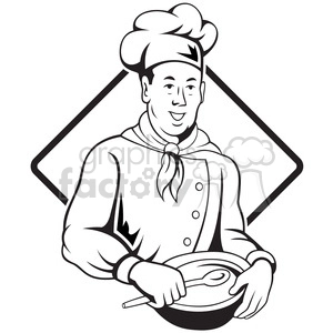 black and white chef holding spoon and bowl front BG