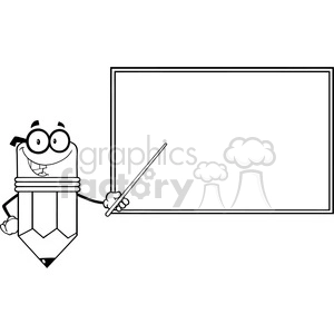 5881 Royalty Free Clip Art Smiling Pencil Teacher Character With A Pointer In Front Of Chalkboard