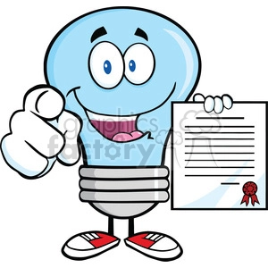 6077 Royalty Free Clip Art Blue Light Bulb Pointing With Finger And Holding A Contract