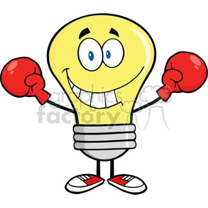 6046 Royalty Free Clip Art Smiling Light Bulb Cartoon Character Wearing Boxing Gloves
