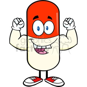 6302 Royalty Free Clip Art Pill Capsule Cartoon Mascot Character Showing Muscle Arms
