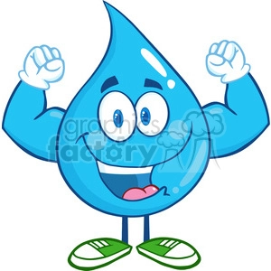 6214 Royalty Free Clip Art Water Drop Cartoon Mascot Character Showing Muscle Arms