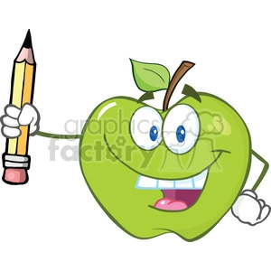 6532 Royalty Free Clip Art Happy Green Apple Holding Up A Pencil