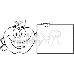 6515 Royalty Free Clip Art Black and White Apple Cartoon Character Showing A Blank Sign