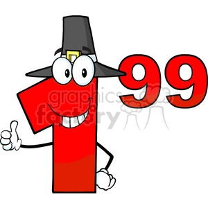 Royalty Free Clip Art Price Tag Red Number 1.99 With Pilgrim Hat Cartoon Mascot Character Giving A Thumb Up