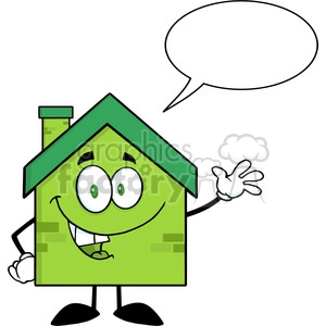 6477 Royalty Free Clip Art Green Eco House Cartoon Character Waving For Greeting With Speech Bubble