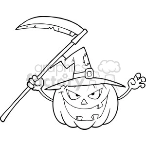 6635 Royalty Free Clip Art Back And White Scaring Halloween Pumpkin With A Witch Hat And Scythe Cartoon Illustration