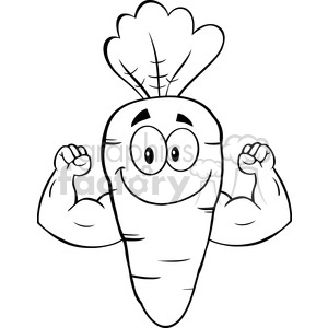Royalty Free RF Clipart Illustration Black And White Cute Carrot Cartoon Character Showing Muscle Arms