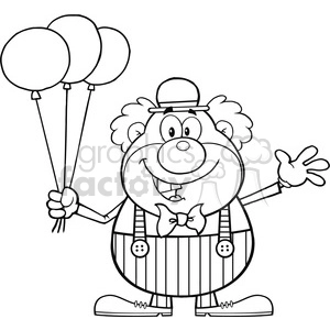 Royalty Free RF Clipart Illustration Black and White Funny Clown Cartoon Character With Balloons And Waving