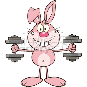 Royalty Free RF Clipart Illustration Smiling Pink Rabbit Cartoon Character Training With Dumbbells