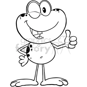The clipart image depicts a cartoon frog standing upright and smiling, with its right hand giving a thumbs-up gesture. The drawing is a black and white line art illustration, with the frog having large eyes, a friendly expression, and a few spots on its body, typical of a frog's pattern.