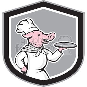 pig chef holding dish in shield shape