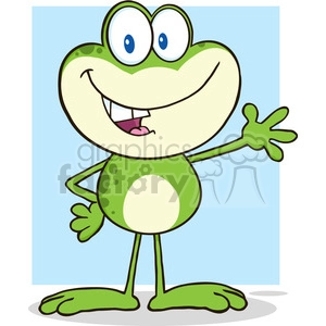 The clipart image depicts a cartoon frog standing upright with a friendly and funny expression. It has large, bulging eyes, a wide smile, and is waving with one hand.
