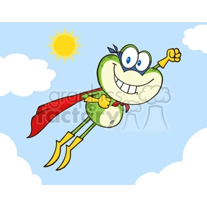 This image depicts a cartoon frog with super-hero-like features. It has a large, cheerful smile, and it is wearing a red cape and a yellow belt with a star. The frog also has on a pair of blue goggles and is striking a flying pose with one arm extended forward. The character has yellow, bird-like feet rather than typical frog feet, suggesting a blend of animal features for a humorous effect. The background consists of a blue sky with a few clouds and a bright yellow sun.
Concise 