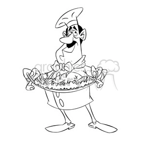 vector black and white chef holding large plate of food cartoon