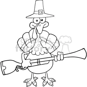The image is a black and white clipart illustration showing a cartoon turkey wearing a pilgrim hat and holding a blunderbuss or musket gun.