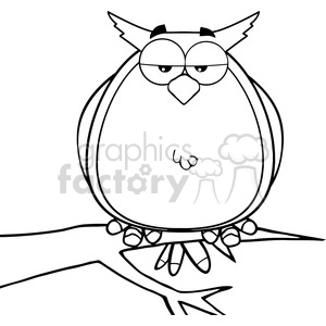 The image is a black and white line drawing of a cartoon owl. The owl is sitting on a branch with a stern or sleepy expression on its face. It has large, round eyes with drooping lids, a pronounced beak, and its feet are visible underneath its round body. The owl's feathers and other details are stylized with simple lines.
