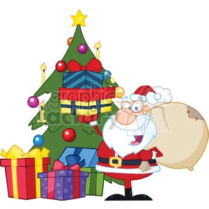 Royalty Free RF Clipart Illustration Jolly Santa Claus Holding Up A Stack Of Gifts By A Christmas Tree