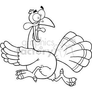 The clipart image depicts a cartoon of a turkey in mid-stride, appearing to run with a sense of urgency or panic. The turkey has a large tail spread out, oversized feet in running motion, and a startled expression on its face.