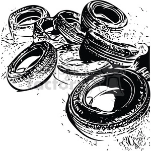 This clipart image features a pile of old, discarded tires. They vary in size and orientation, with some standing upright and others lying flat. The illustration style is monochrome, with high-contrast black and white shading that emphasizes the textures and tread patterns of the tires.