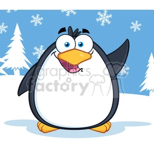 The clipart image features a cheerful, cartoonish penguin with a big smile, standing in a wintry landscape. There are snowflakes falling in the background, and evergreen trees that suggest a cold, snowy environment typical of winter. The penguin appears to be happy and perhaps animated or excited, as indicated by its wide eyes and open beak.