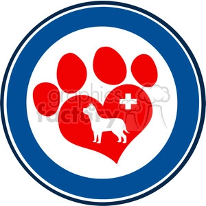 Royalty Free RF Clipart Illustration Veterinary Love Paw Print Blue Circle Banner Design With Dog And Cross