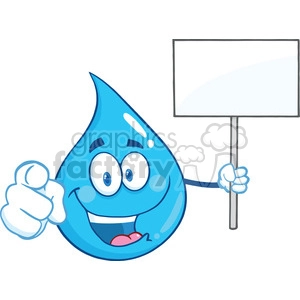 Royalty Free RF Clipart Illustration Water Drop Character Holding Up A Blank Sign