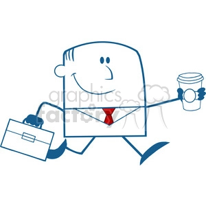 Royalty Free RF Clipart Illustration Lucky Businessman Running To Work With Briefcase And Coffee Monochrome Cartoon Character