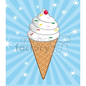 The clipart image shows a cartoon ice cream cone with vanilla ice cream topped with a cherry. It also has a funny background pattern of blue stripes.
