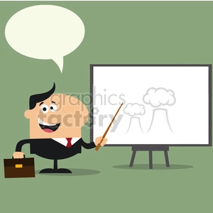 8348 Royalty Free RF Clipart Illustration Happy Manager Pointing To A White Board Flat Style Vector Illustration With Speech Bubble