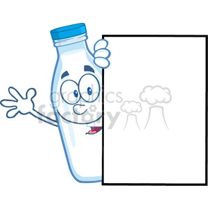 Royalty Free RF Clipart Illustration Smiling Milk Bottle Cartoon Mascot Character Looking Around A Blank Sign And Waving