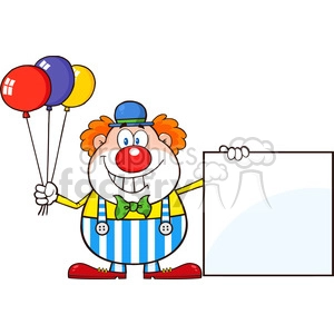Royalty Free RF Clipart Illustration Funny Clown Cartoon Character With Balloons Showing A Blank Sign
