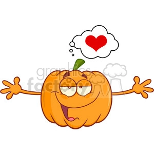 Funny Halloween Jackolantern Pumpkin Cartoon Mascot Character With Open Arms For Hugging And Speech Bubble With Heart