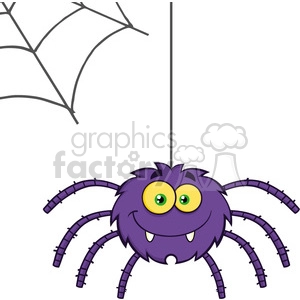 8953 Royalty Free RF Clipart Illustration Smiling Purple Halloween Spider Cartoon Character On A Web Vector Illustration Isolated On White