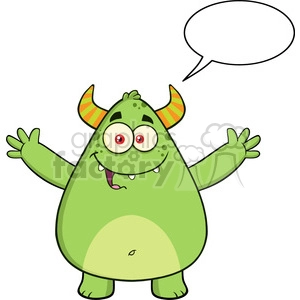 8930 Royalty Free RF Clipart Illustration Happy Horned Green Monster Cartoon Character With Welcoming Open Arms And Speech Bubble Vector Illustration Isolated On White