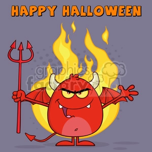 8966 Royalty Free RF Clipart Illustration Evil Red Devil Cartoon Character Character Holding A Pitchfork Over Flames Vector Illustration Greeting Card