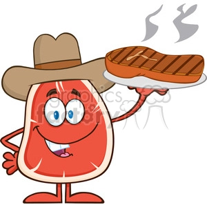 8414 Royalty Free RF Clipart Illustration Cowboy Steak Cartoon Mascot Character Holding Up A Platter With Grilled Steak Vector Illustration Isolated On White