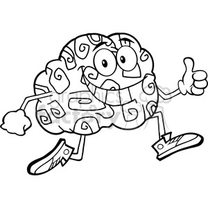 8801 Royalty Free RF Clipart Illustration Black And White Brain Cartoon Character Jogging And Giving A Thumb Up Vector Illustration Isolated On White