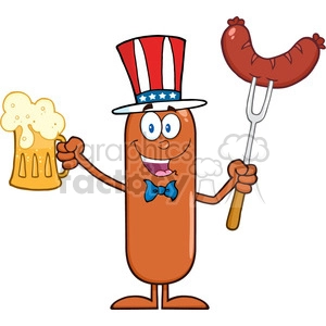 8440 Royalty Free RF Clipart Illustration Patriotic Sausage Cartoon Character Holding A Beer And Weenie On A Fork Vector Illustration Isolated On White
