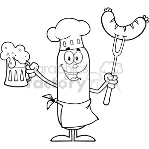 8443 Royalty Free RF Clipart Illustration Black And White Happy Chef Sausage Cartoon Character Holding A Beer And Weenie On A Fork Vector Illustration Isolated On White