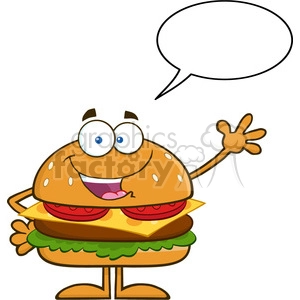 8562 Royalty Free RF Clipart Illustration Happy Hamburger Cartoon Character Waving With Speech Bubble Vector Illustration Isolated On White