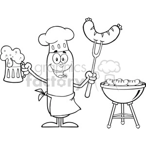 8462 Royalty Free RF Clipart Illustration Black And White Happy Chef Sausage Cartoon Character Holding A Beer And Weenie Next To BBQ Vector Illustration Isolated On White