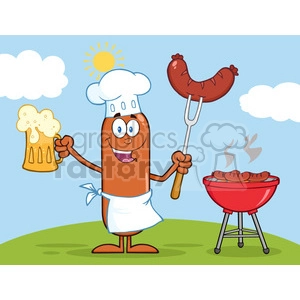 8464 Royalty Free RF Clipart Illustration Happy Chef Sausage Cartoon Character Holding A Beer And Weenie Next To BBQ Vector Illustration Isolated On White