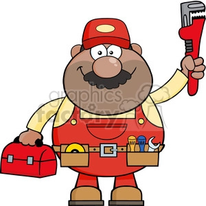 8537 Royalty Free RF Clipart Illustration African American Mechanic Cartoon Character With Wrench And Tool Box Vector Illustration Isolated On White